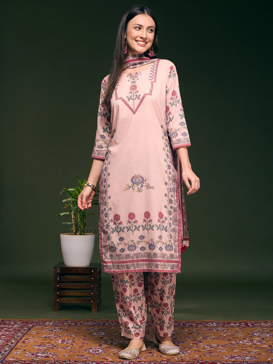 Ethnic Floral Printed Straight Fit Kurta with Pant and Dupatta - Peach