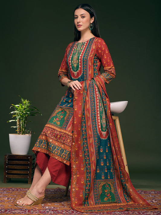 Ethnic Floral Printed & Embroidered Straight Fit Kurta with Palazzo & Dupatta - Multi