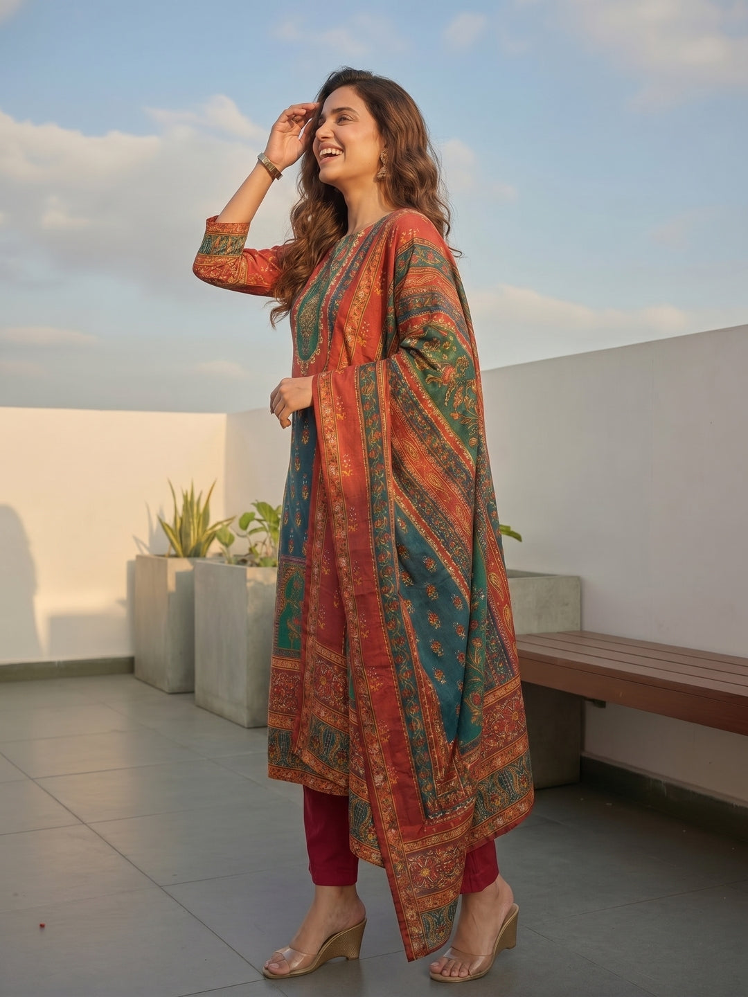Ethnic Floral Printed & Embroidered Straight Fit Kurta with Palazzo & Dupatta - Multi