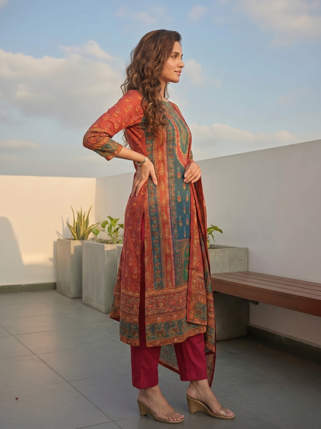 Ethnic Floral Printed & Embroidered Straight Fit Kurta with Palazzo & Dupatta - Multi