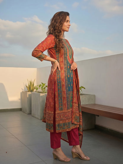 Ethnic Floral Printed & Embroidered Straight Fit Kurta with Palazzo & Dupatta - Multi