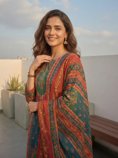 Ethnic Floral Printed & Embroidered Straight Fit Kurta with Palazzo & Dupatta - Multi