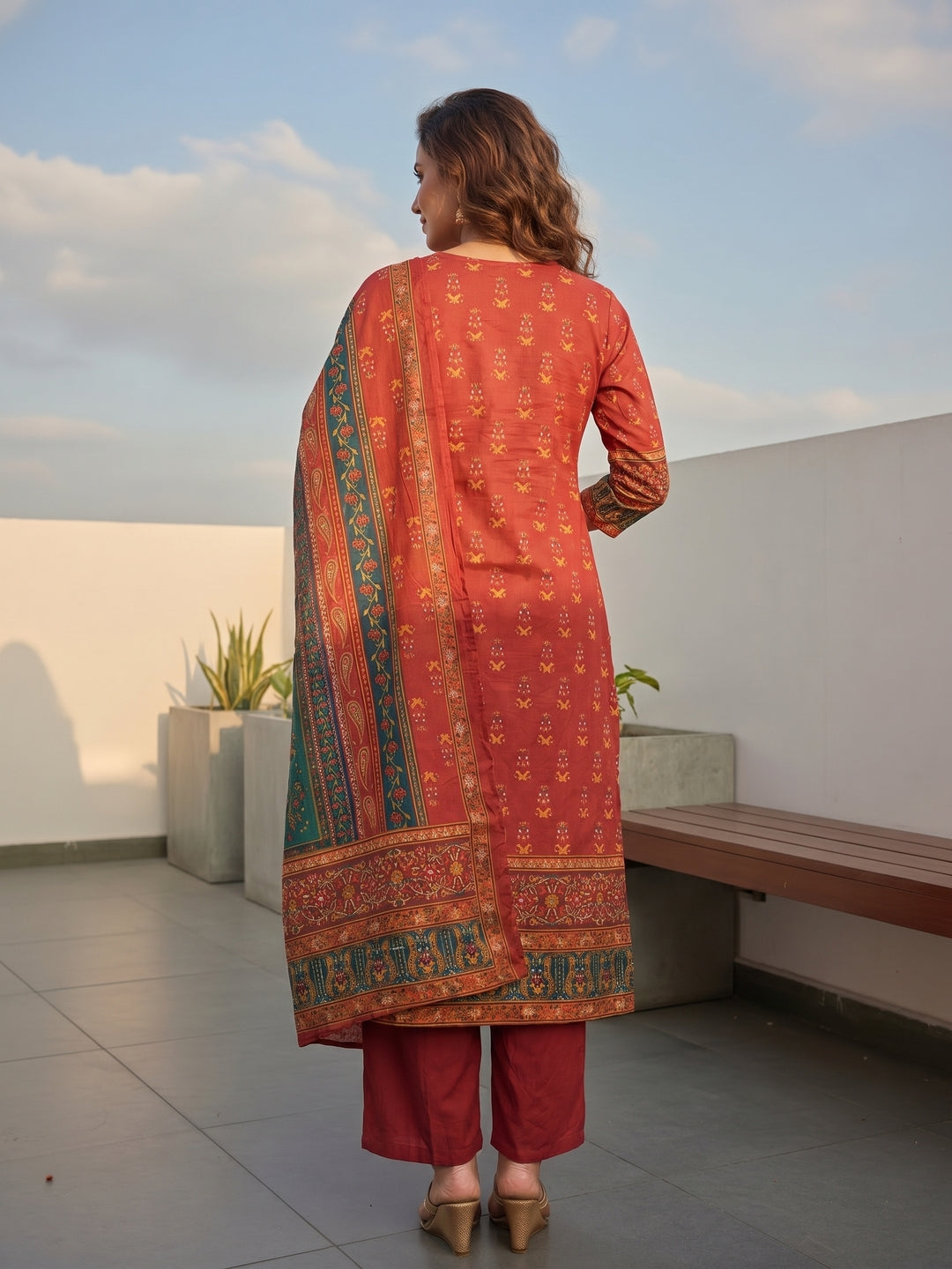 Ethnic Floral Printed & Embroidered Straight Fit Kurta with Palazzo & Dupatta - Multi
