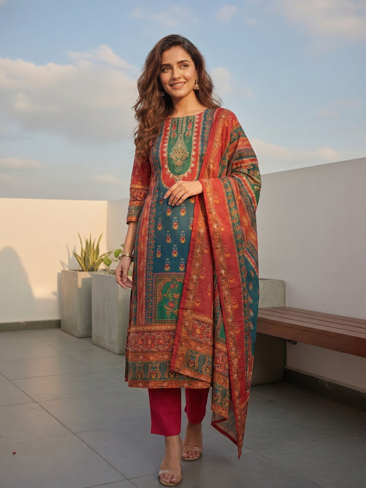 Ethnic Floral Printed & Embroidered Straight Fit Kurta with Palazzo & Dupatta - Multi