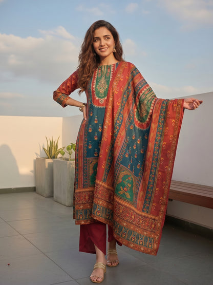 Ethnic Floral Printed & Embroidered Straight Fit Kurta with Palazzo & Dupatta - Multi