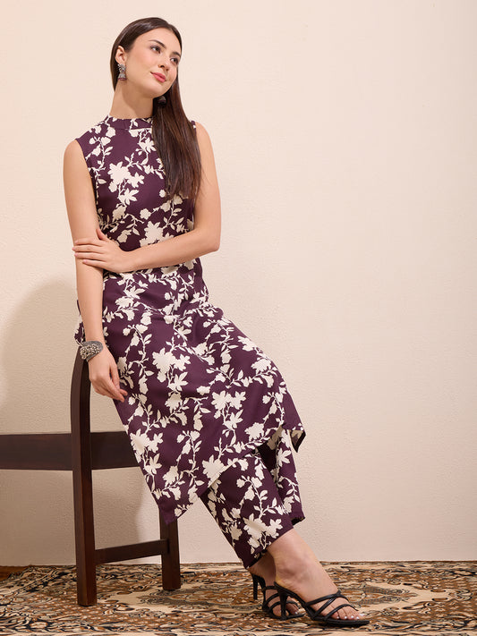 Abstract Floral Printed A-Line Flared Co-ord Set - Burgundy