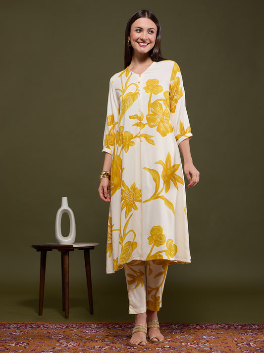 Abstract Floral Printed A-Line Flared Co-ord Set - Off White