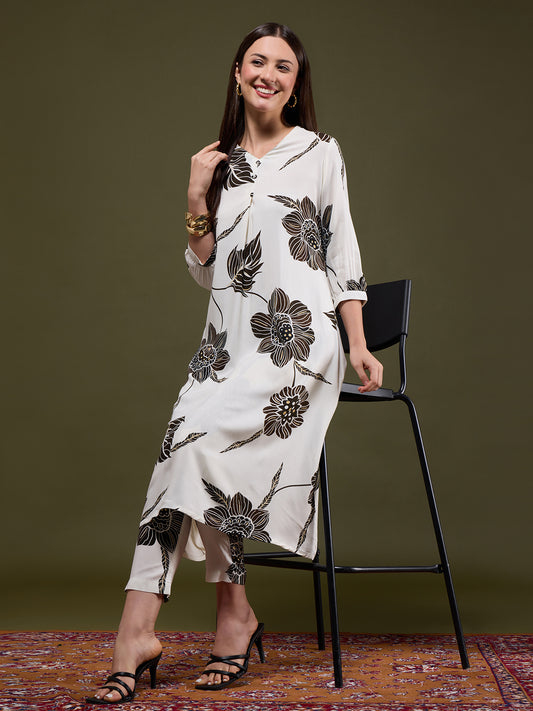 Abstract Floral Printed A-Line Flared Co-ord Set - Off White