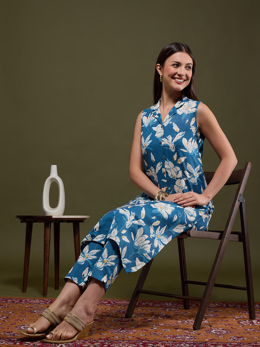 Abstract Floral Printed Straight Fit Co-ord Set - Blue