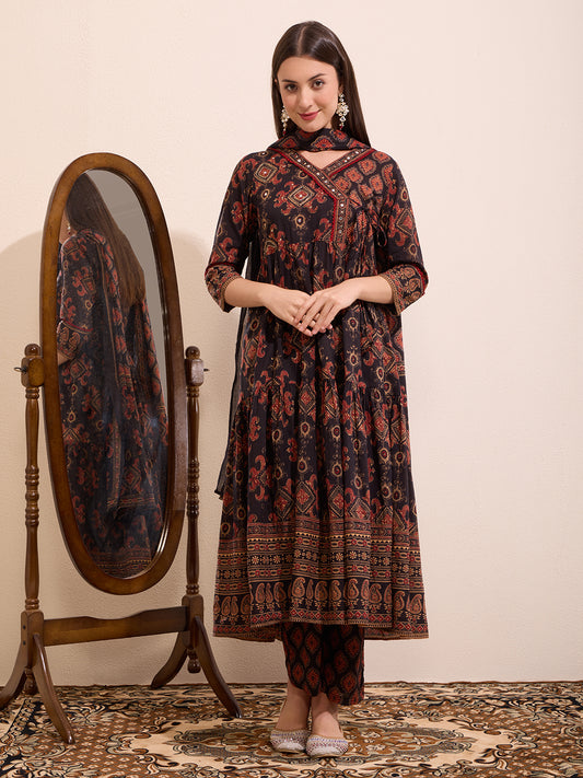 Ethnic Printed & Embroidered Anarkali Flared Kurta with Pant & Dupatta - Black