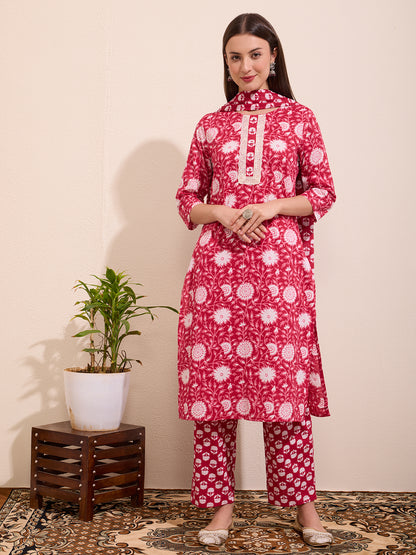 Floral Printed Embellished Straight Cut Kurta with Pant & Dupatta - Pink