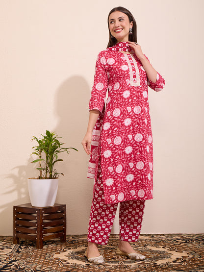 Floral Printed Embellished Straight Cut Kurta with Pant & Dupatta - Pink