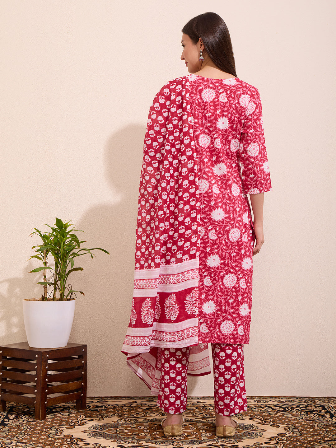 Floral Printed Embellished Straight Cut Kurta with Pant & Dupatta - Pink