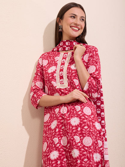 Floral Printed Embellished Straight Cut Kurta with Pant & Dupatta - Pink