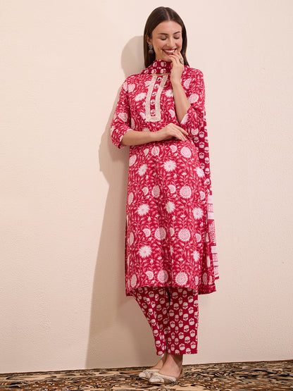 Floral Printed Embellished Straight Cut Kurta with Pant & Dupatta - Pink