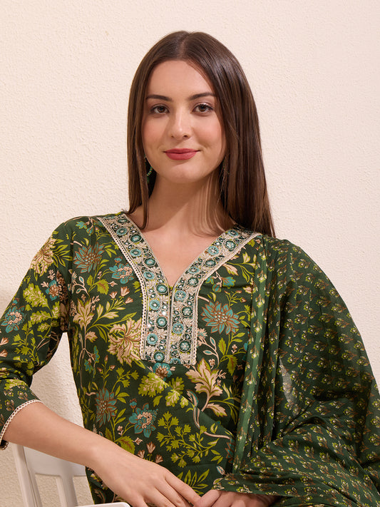 Floral Printed Embellished Straight Cut Kurta with Pant & Dupatta - Green