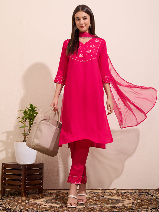 Solid Floral Embroidered A-Line Kurta with Pant & Dupatta - Pink