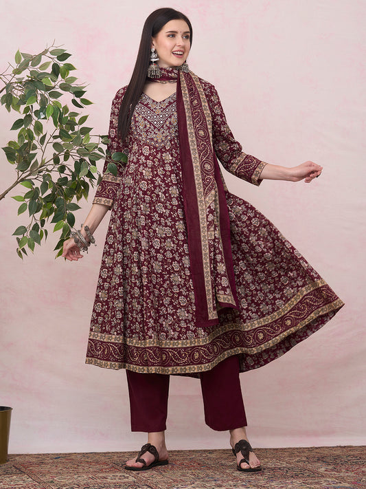 Ethnic Floral Printed Embroidered Anarkali Flared Kurta with Pant and Dupatta - Burgundy