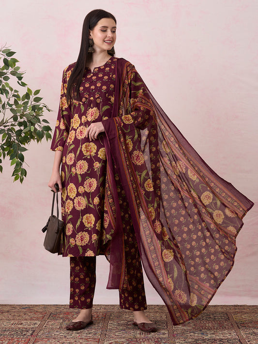 Floral Printed Embellished Straight Cut Kurta with Pant & Dupatta - Purple