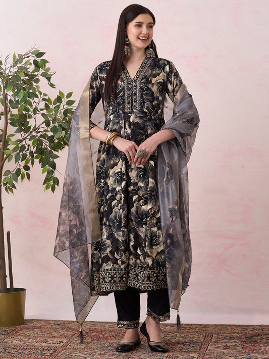 Floral Printed Embellished Anarkali Kurta with Pant & Dupatta - Grey