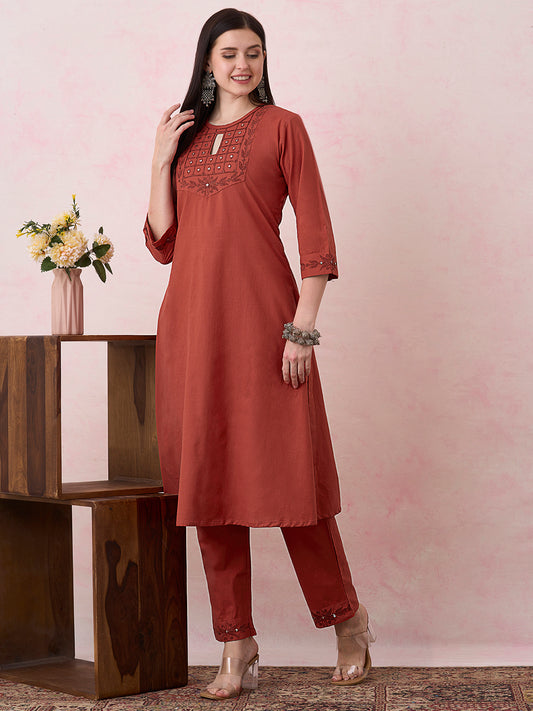 Solid Floral Embroidered A-Line Flared Co-ord Set - Rust