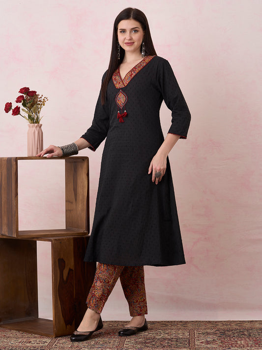 Solid Cotton Dobby A-Line Kurta with Pant - Black