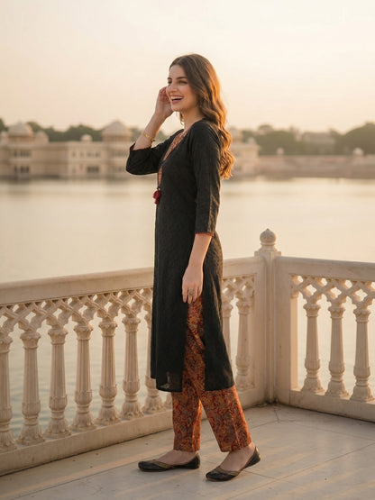 Solid Cotton Dobby A-Line Kurta with Pant - Black