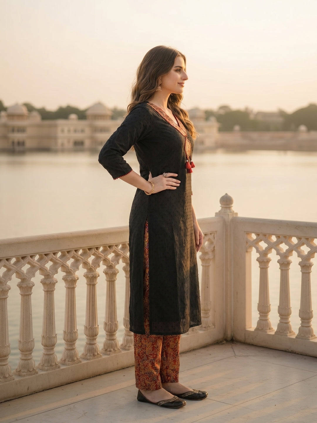 Solid Cotton Dobby A-Line Kurta with Pant - Black