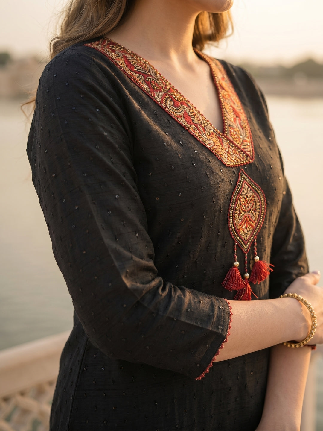 Solid Cotton Dobby A-Line Kurta with Pant - Black