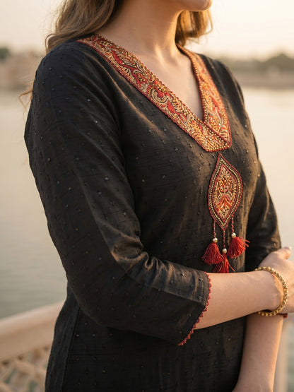 Solid Cotton Dobby A-Line Kurta with Pant - Black