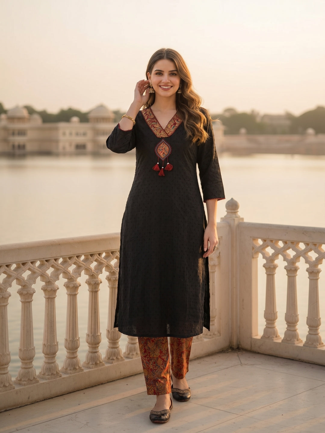 Solid Cotton Dobby A-Line Kurta with Pant - Black