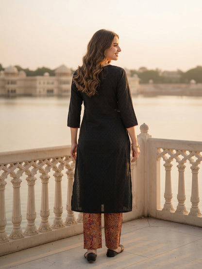 Solid Cotton Dobby A-Line Kurta with Pant - Black