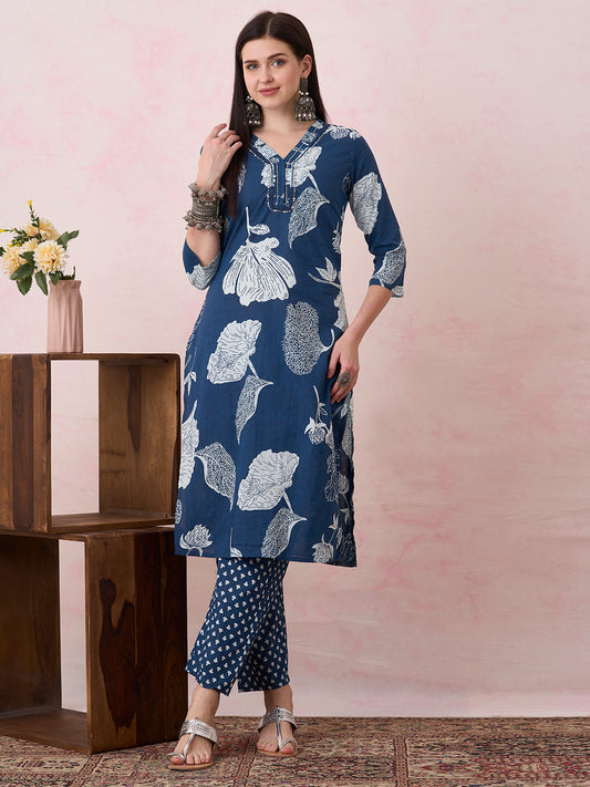 Abstract Floral Printed & Embroidered Straight Kurta with Pant - Blue