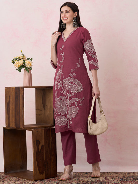 Solid Floral Embroidered Straight Fit Co-ord Set -Burgundy