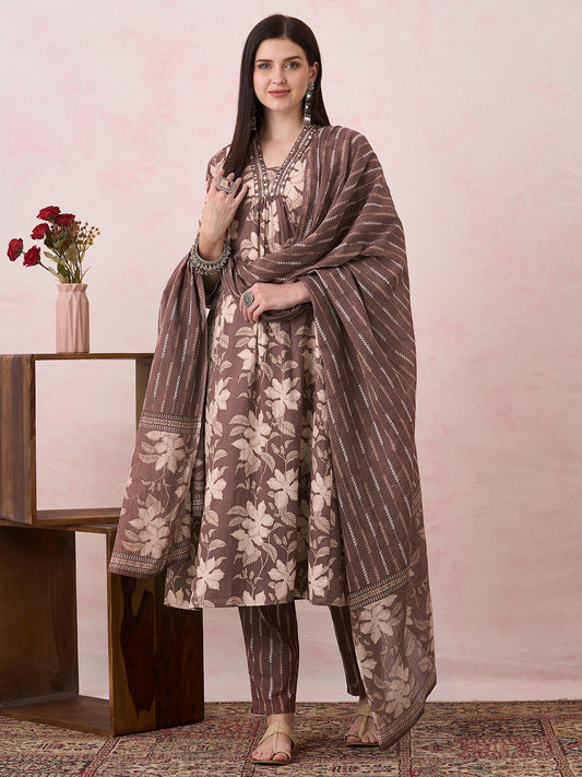 Ethnic Floral Printed Embroidered A-Line Paneled Kurta with Pant and Dupatta - Brown