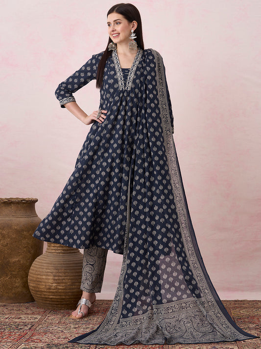 Ethnic Floral Printed & Embroidered A-Line Paneled Kurta with Pant & Dupatta - Blue