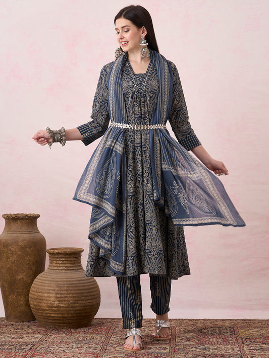 Ethnic Floral Printed & Embroidered A-Line Paneled Kurta with Pant & Dupatta - Blue