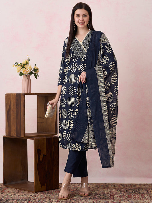 Abstract Printed A-Line Kurta with Pant & Pure Cotton Dupatta - Blue