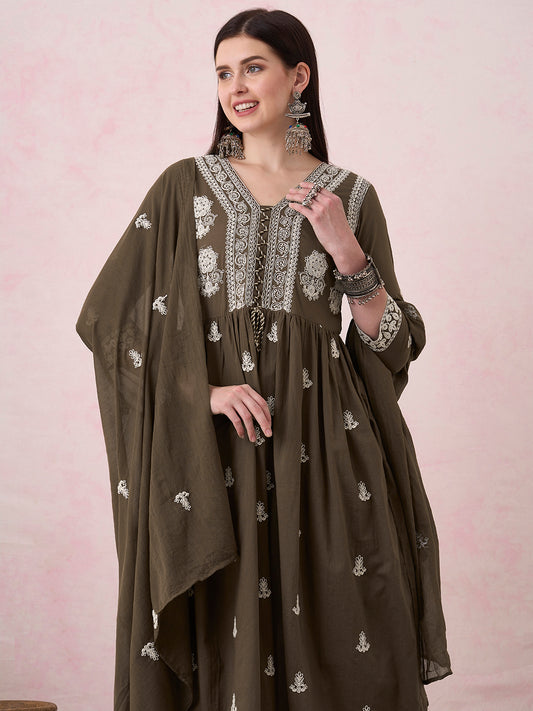 Solid Cord Work Embroidered A-Line Pleated Kurta with Pant and Dupatta - Charcoal