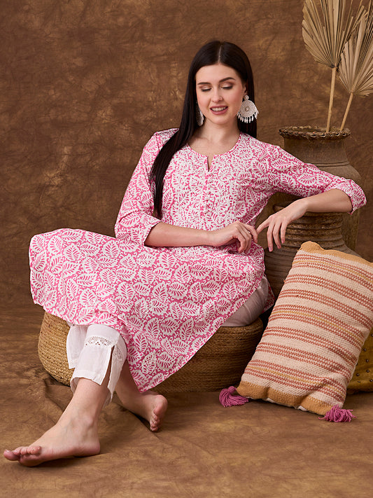 Ethnic Floral Printed Embroidered Straight Fit Kurta - Pink