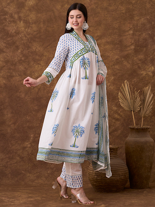 Ethnic Floral Printed Embroidered A-Line Pleated Kurta with Pant and Dupatta - White