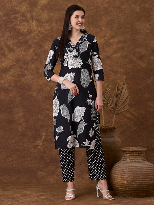 Abstract Floral Printed & Embroidered Straight Kurta with Pant - Black