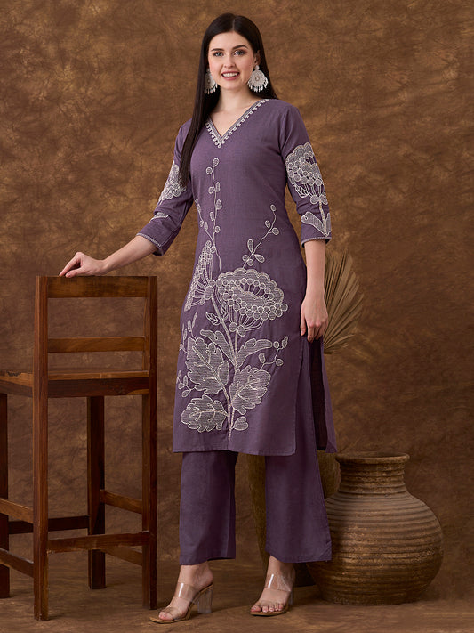 Solid Floral Embroidered Straight Fit Co-ord Set -Purple
