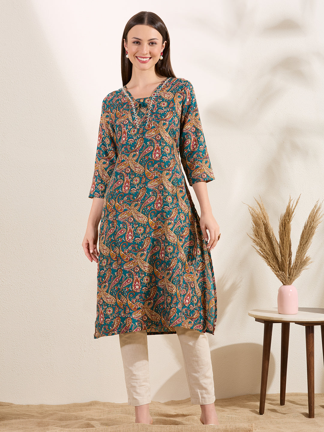 Ethnic Floral Printed A-Line Flared Kurta - Green