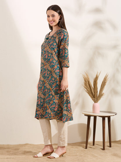 Ethnic Floral Printed A-Line Flared Kurta - Green