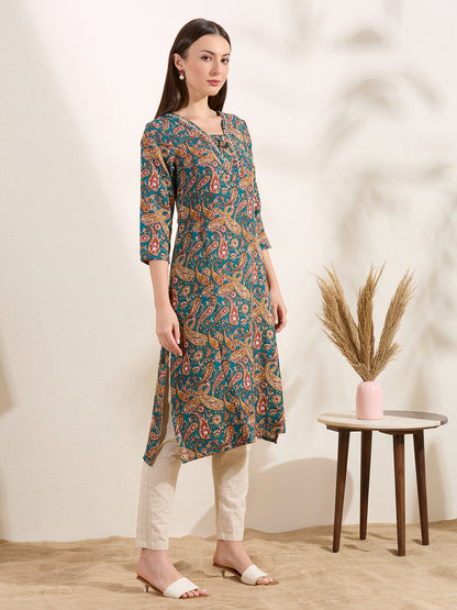 Ethnic Floral Printed A-Line Flared Kurta - Green