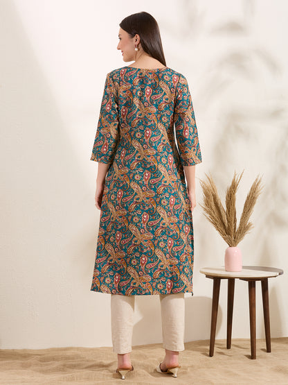 Ethnic Floral Printed A-Line Flared Kurta - Green
