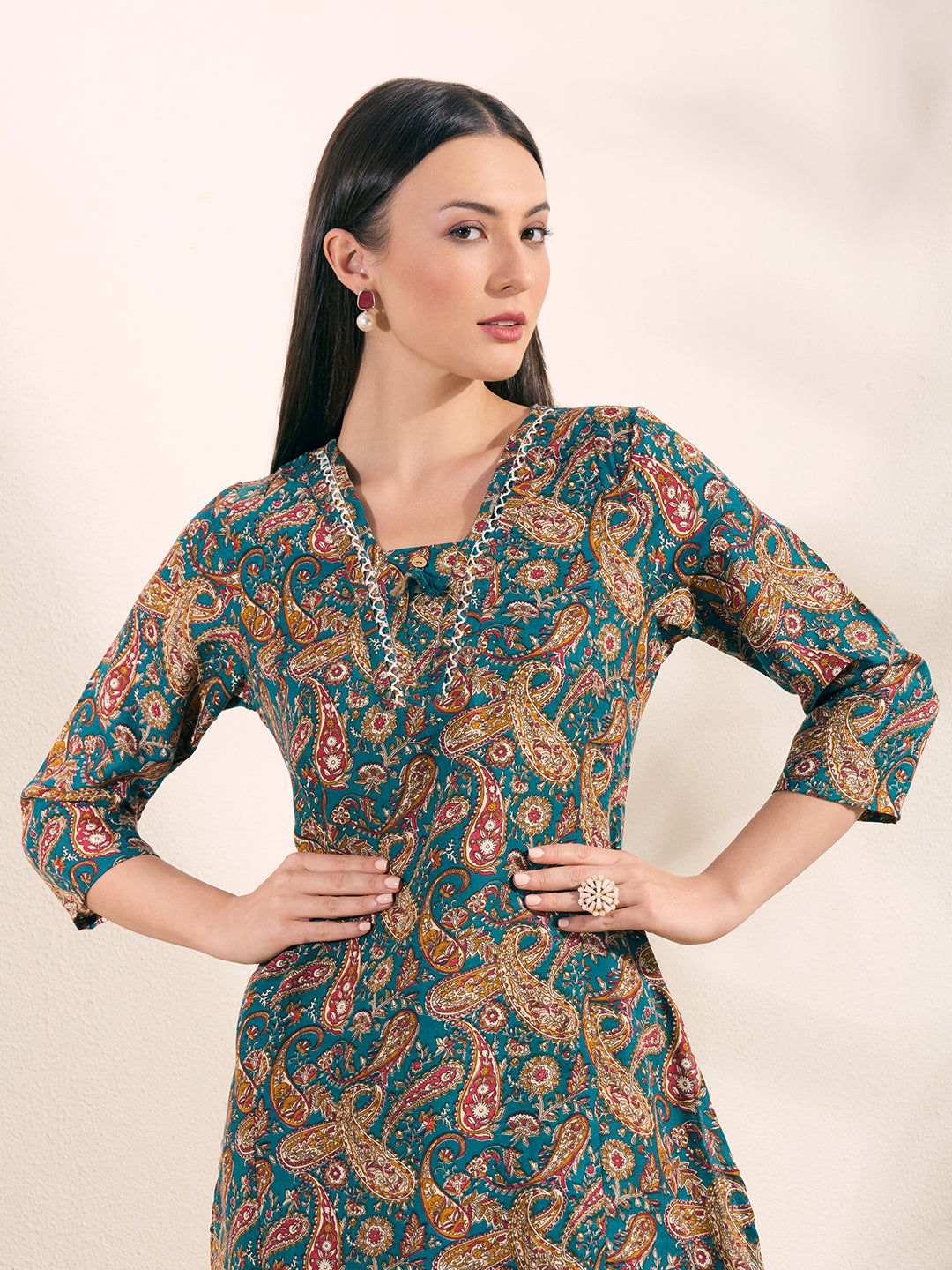 Ethnic Floral Printed A-Line Flared Kurta - Green