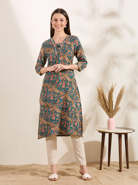 Ethnic Floral Printed A-Line Flared Kurta - Green