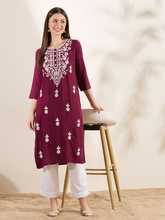 Solid Floral Chikankari Embroidered Straight Fit Kurta - Burgundy